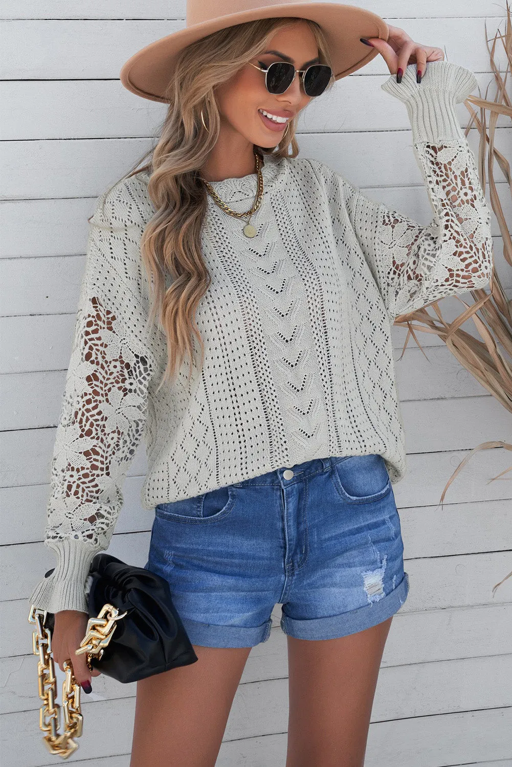 Fashion Sweater Women's Casual Openwork Lantern Sleeve Dropped Shoulder Sweater