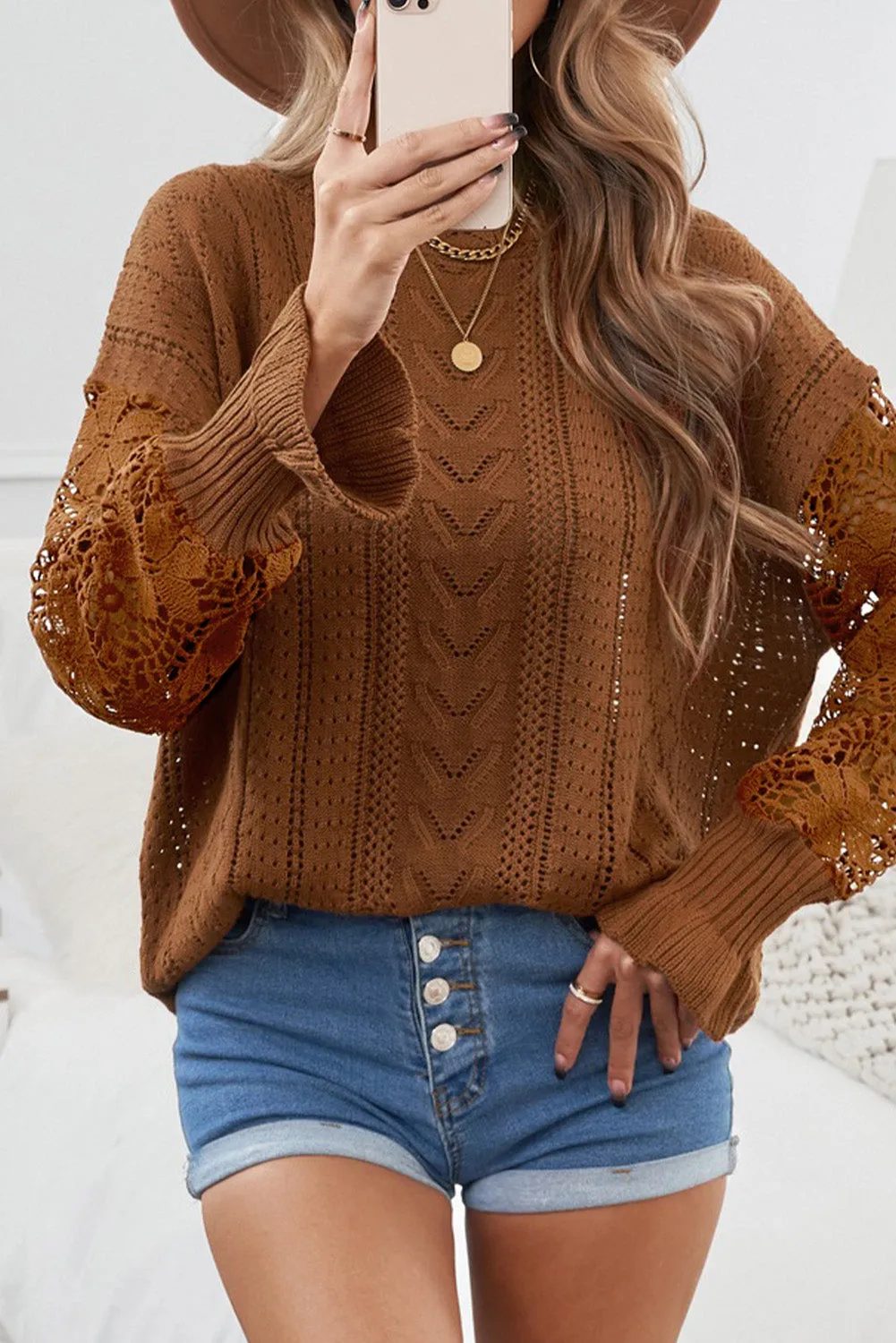 Fashion Sweater Women's Casual Openwork Lantern Sleeve Dropped Shoulder Sweater