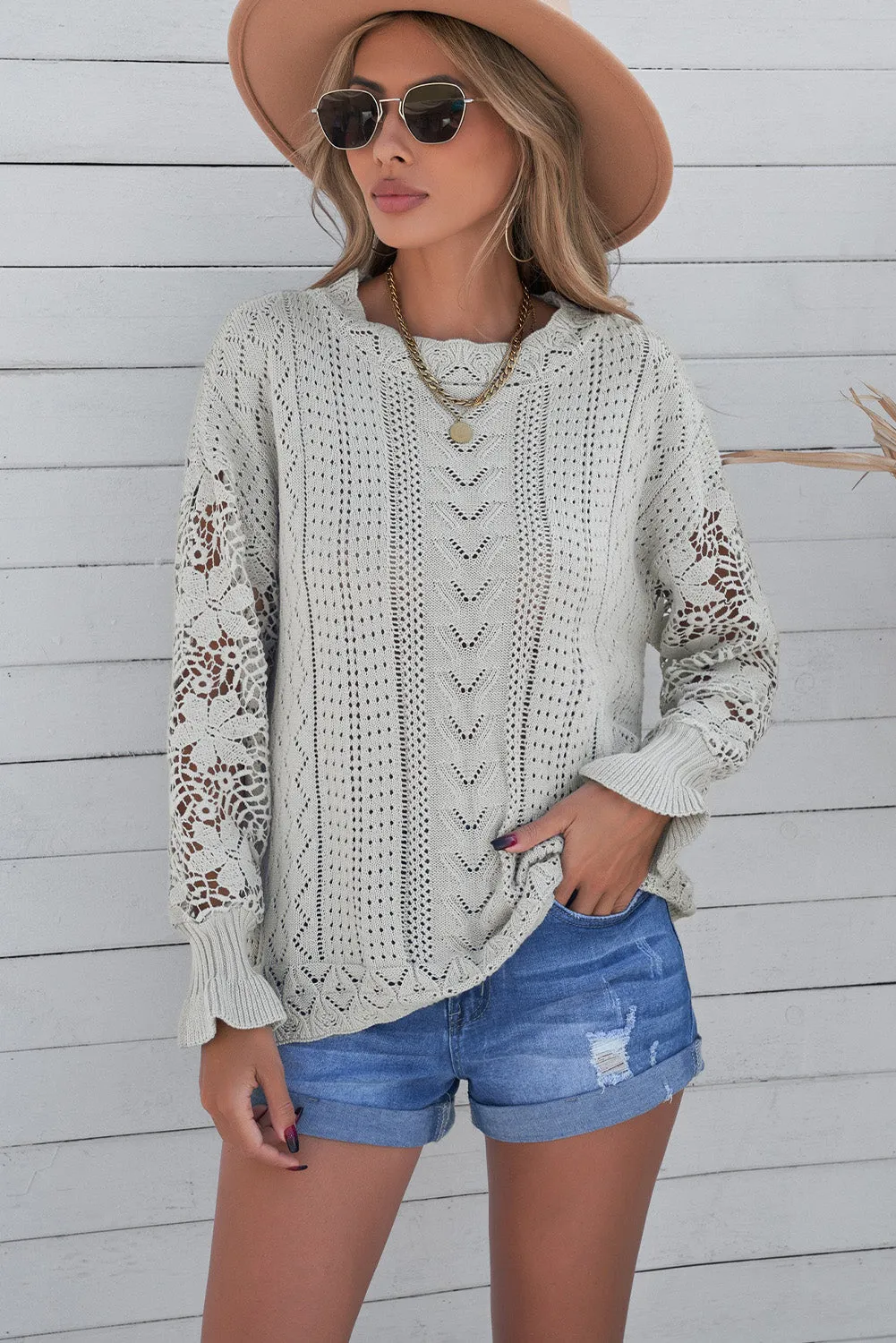 Fashion Sweater Women's Casual Openwork Lantern Sleeve Dropped Shoulder Sweater