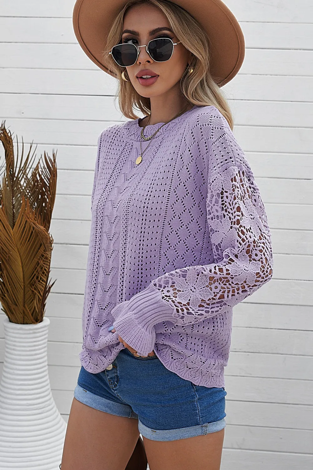 Fashion Sweater Women's Casual Openwork Lantern Sleeve Dropped Shoulder Sweater