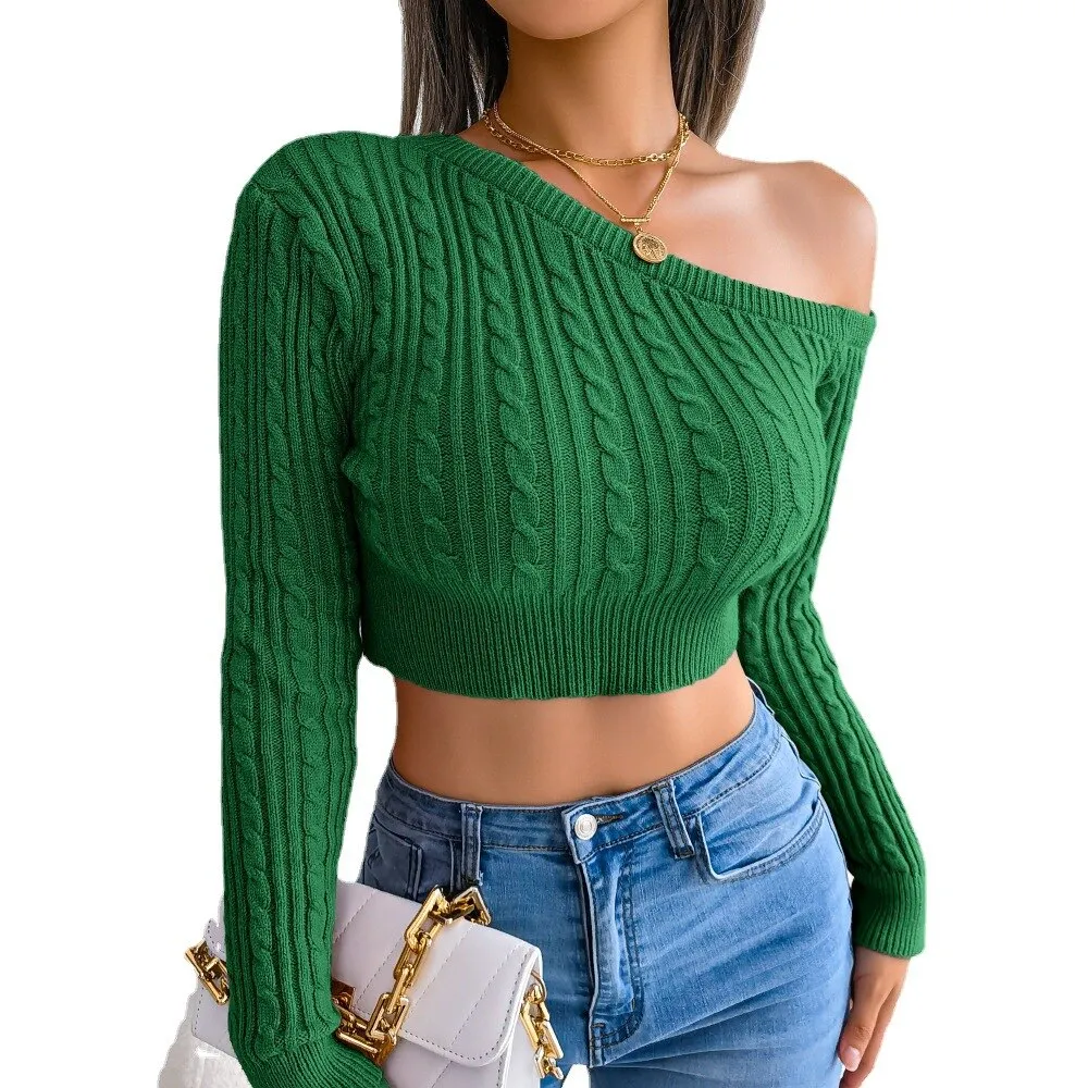 FashionKova Sexy Knitted Sweater Women Sexy One Shoulder Crop Top Casual Long Sleeve Tops  Hollow  Autumn Winter Pullover