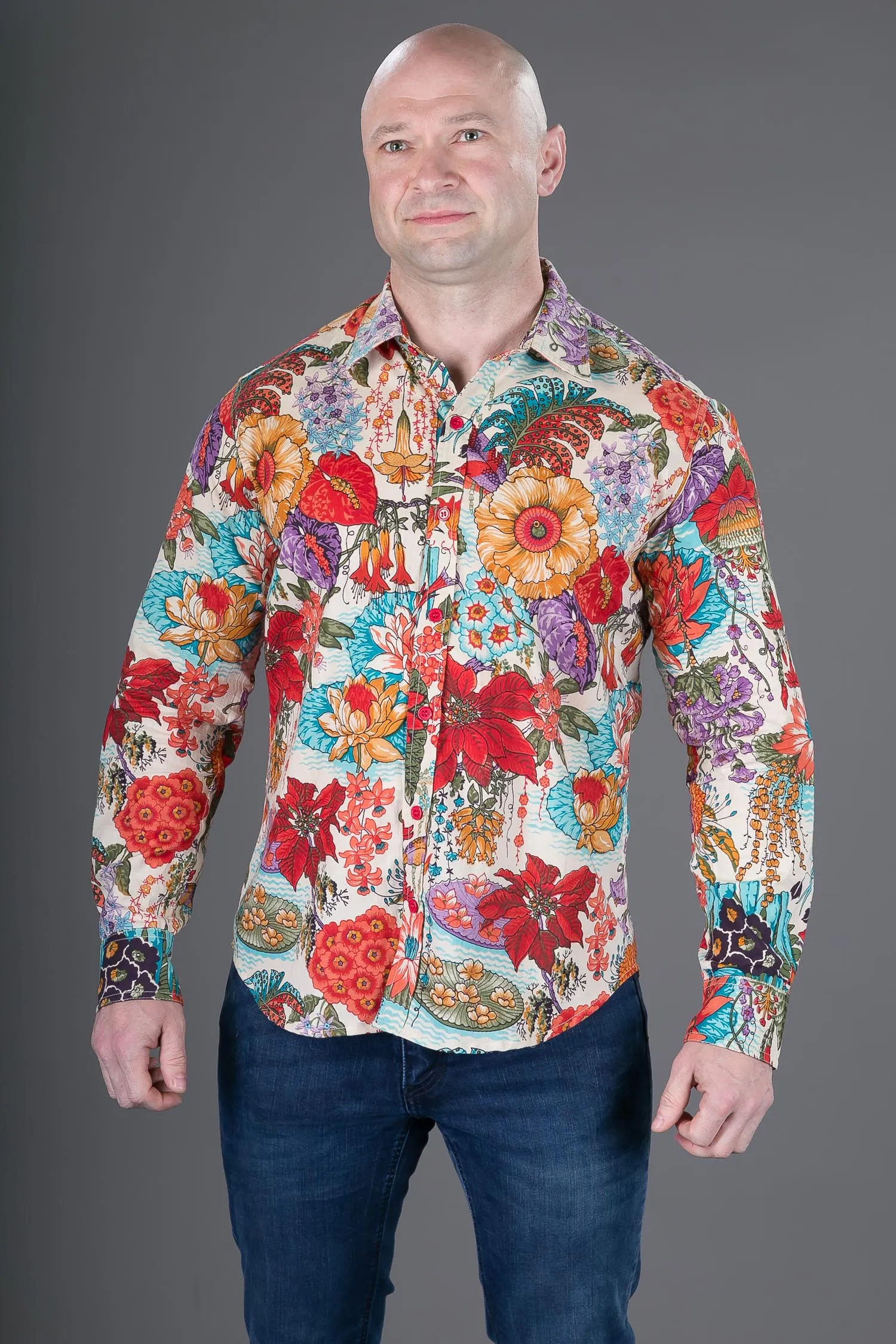 Floral Print Cotton Slim Fit Mens Shirt Long Sleeve