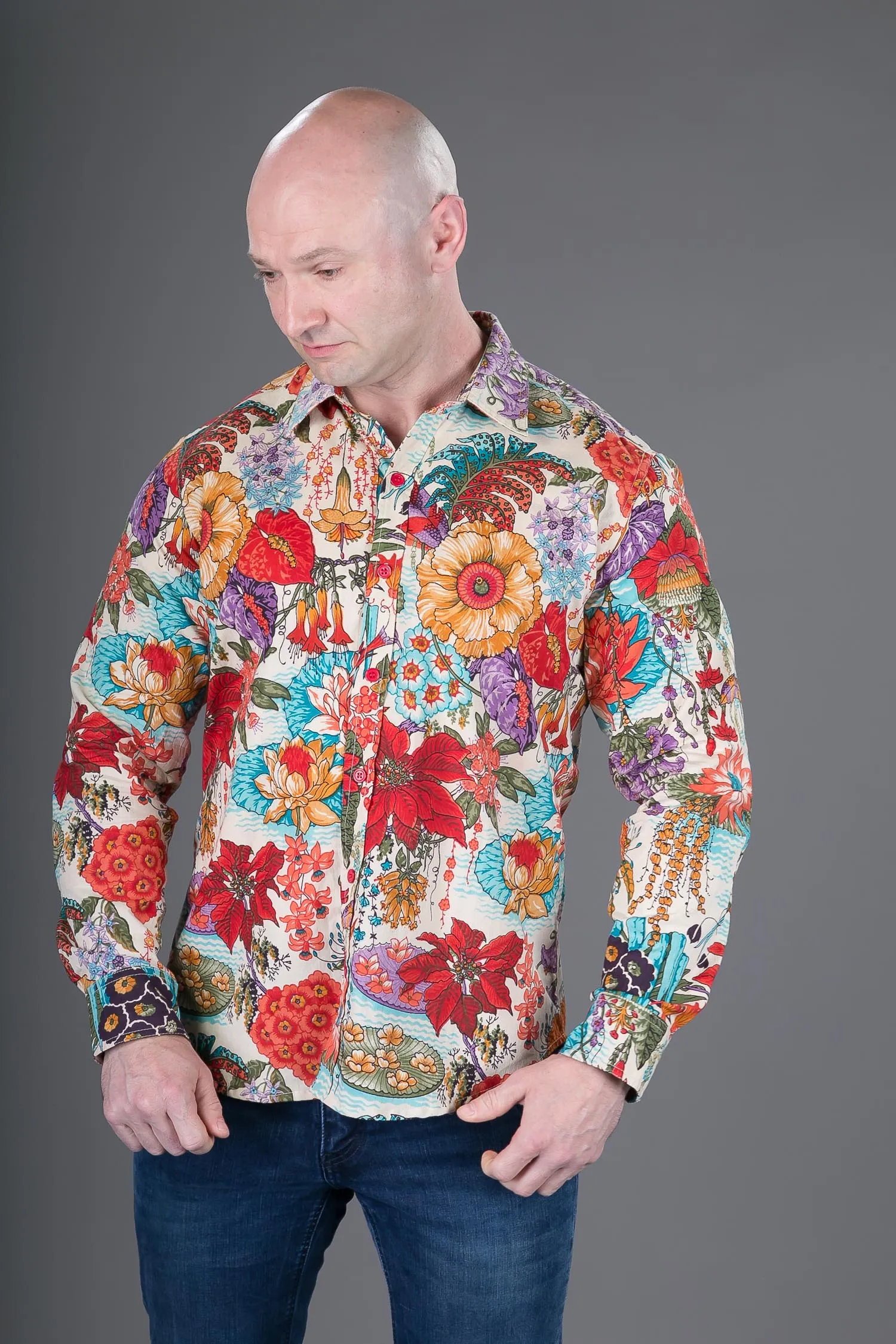 Floral Print Cotton Slim Fit Mens Shirt Long Sleeve