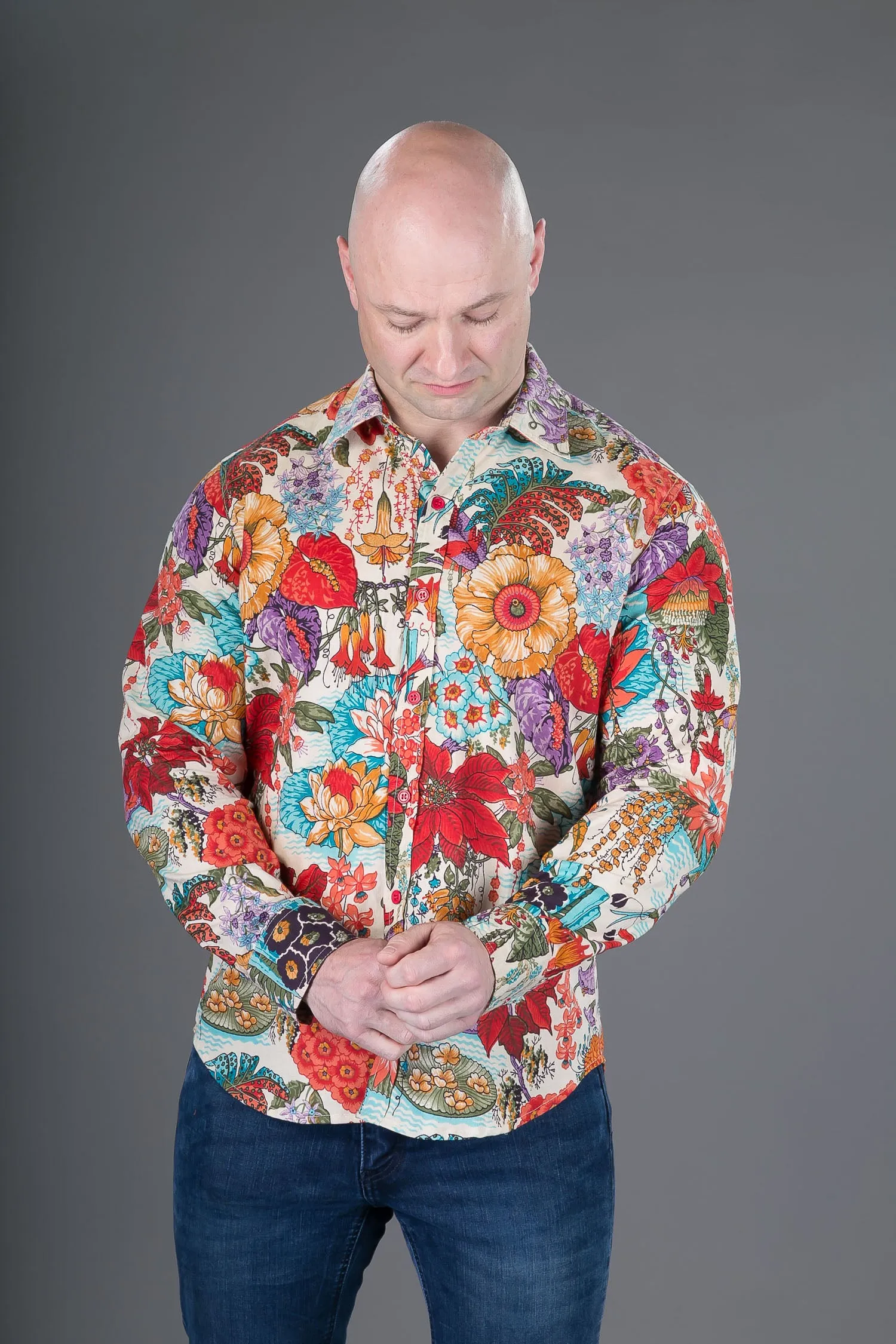 Floral Print Cotton Slim Fit Mens Shirt Long Sleeve