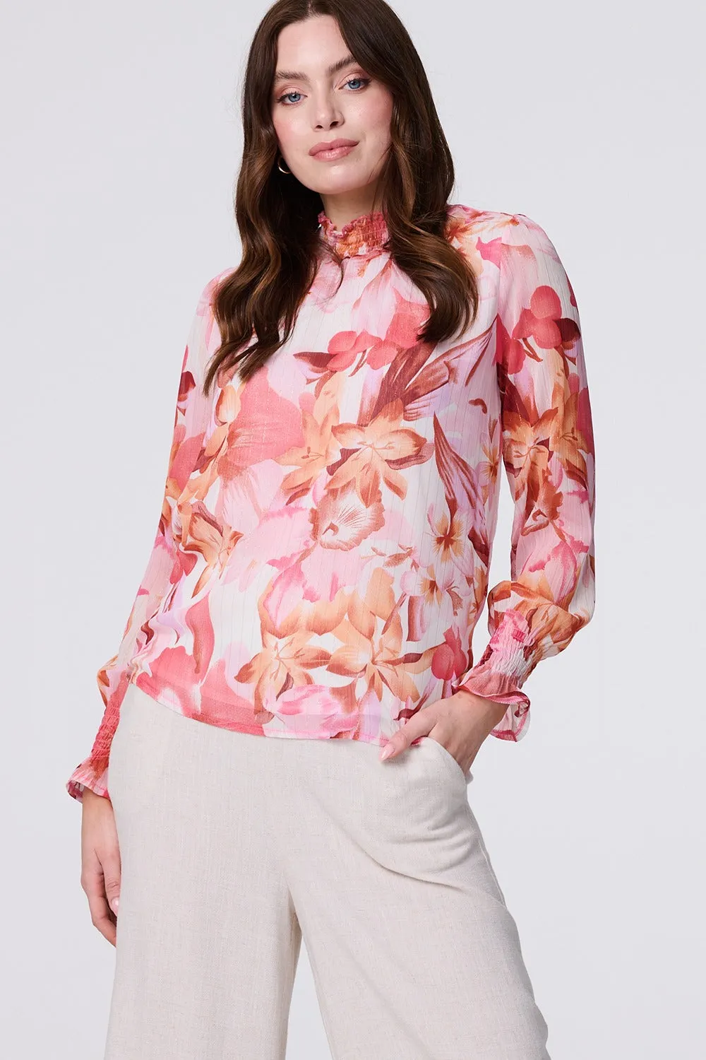 Floral Shirred High Neck Blouse