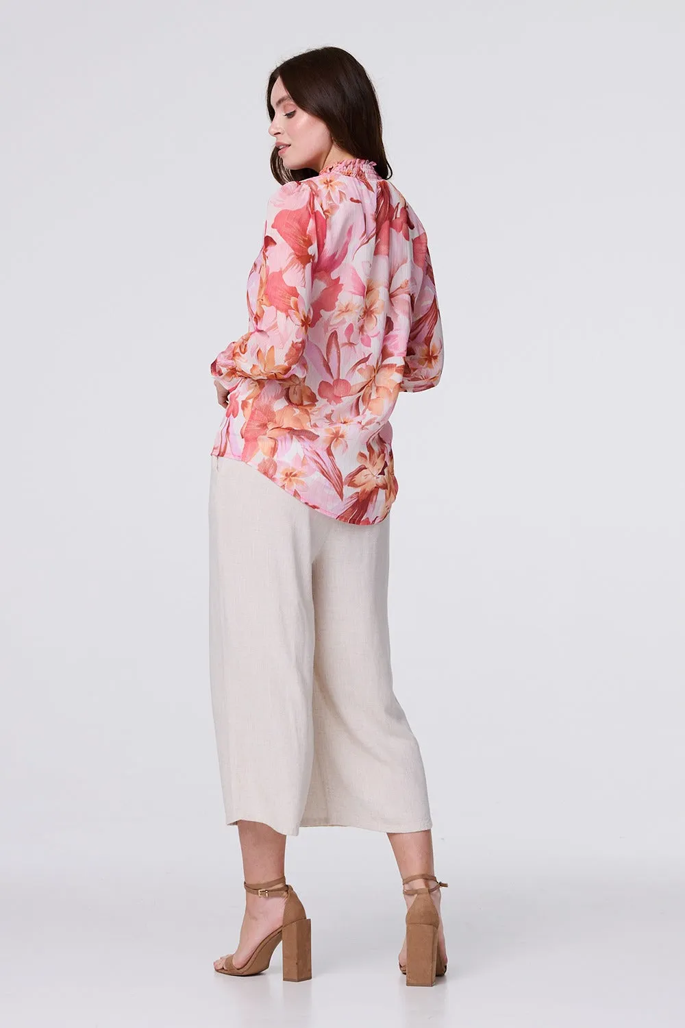 Floral Shirred High Neck Blouse