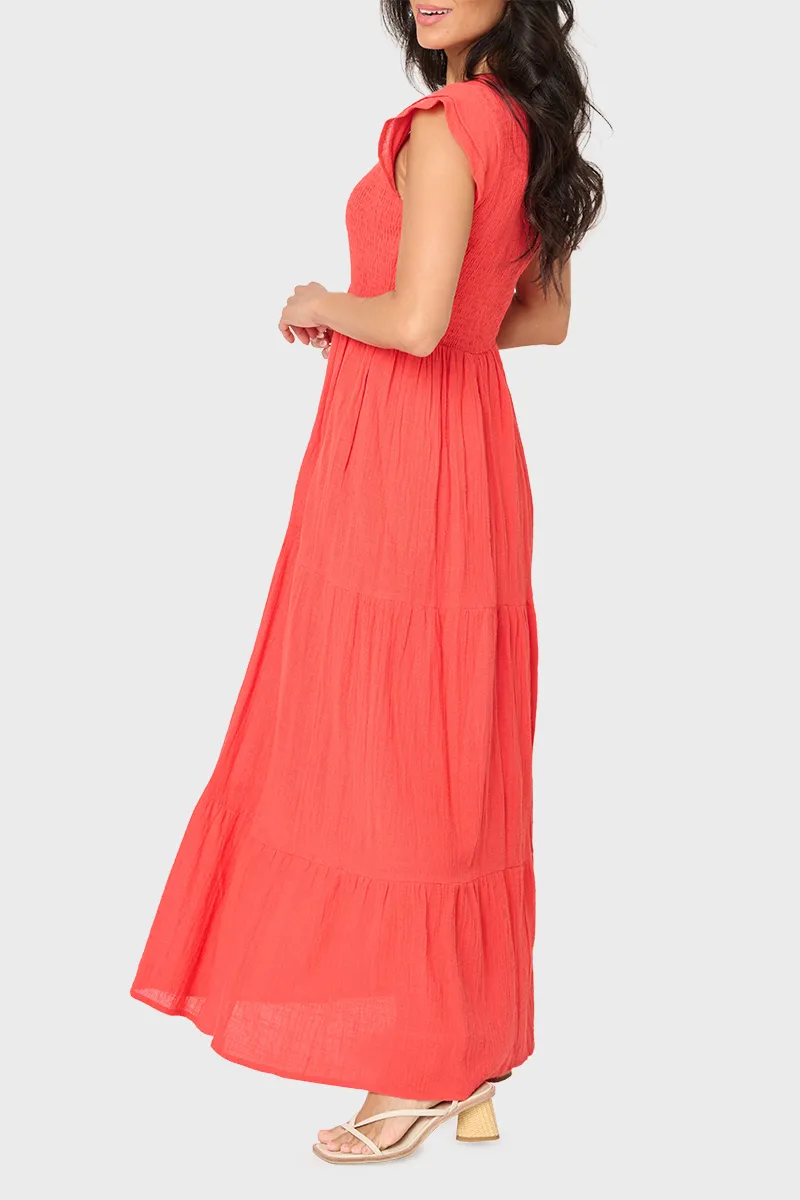 Flutter Sleeve Smocked V-Neck Tiered Maxi Dress