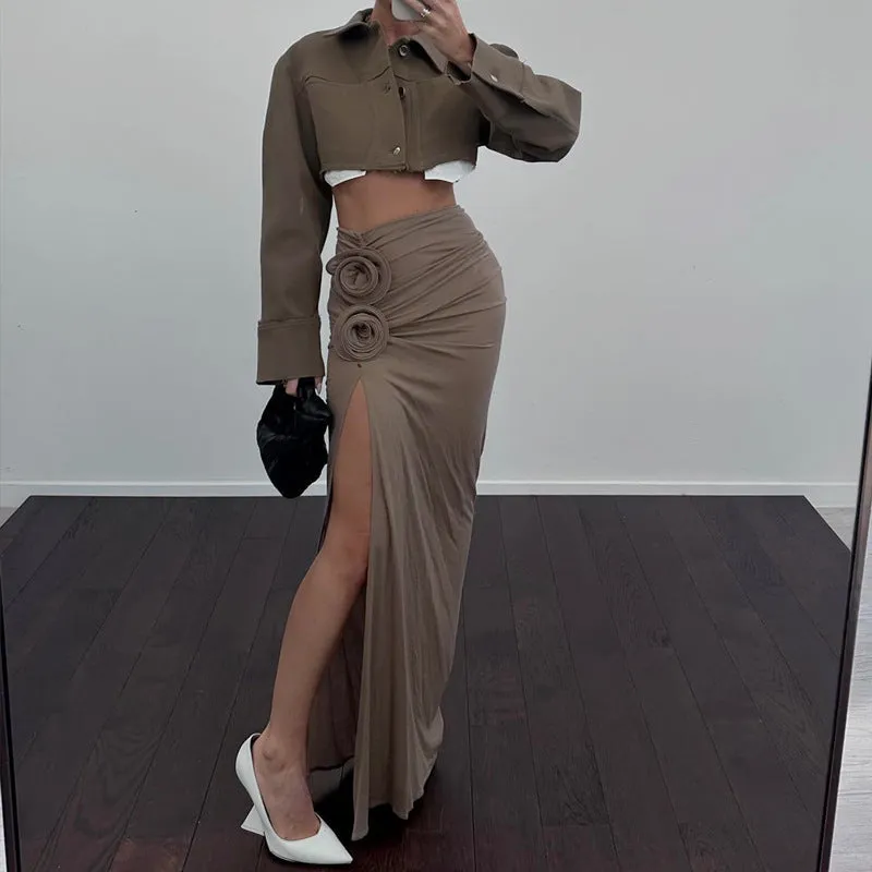 French High Waist Slit Pleated Skirt