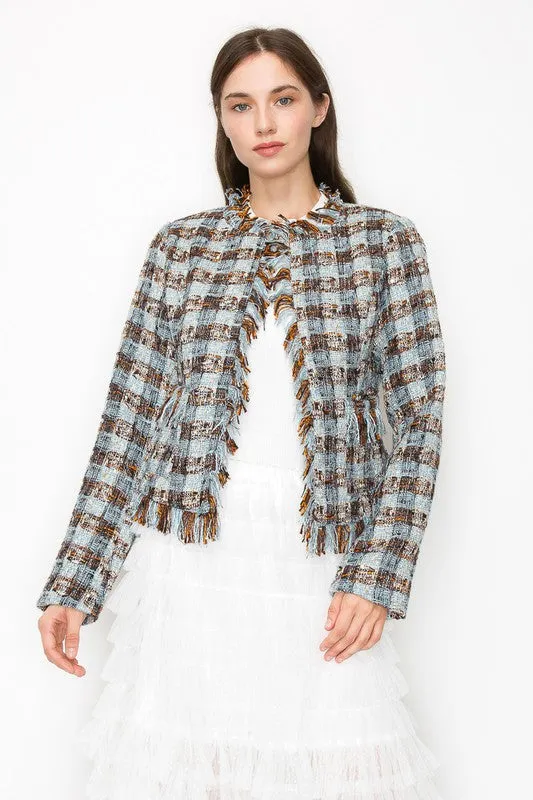 Fringed Plaid Check Tweed Jacket