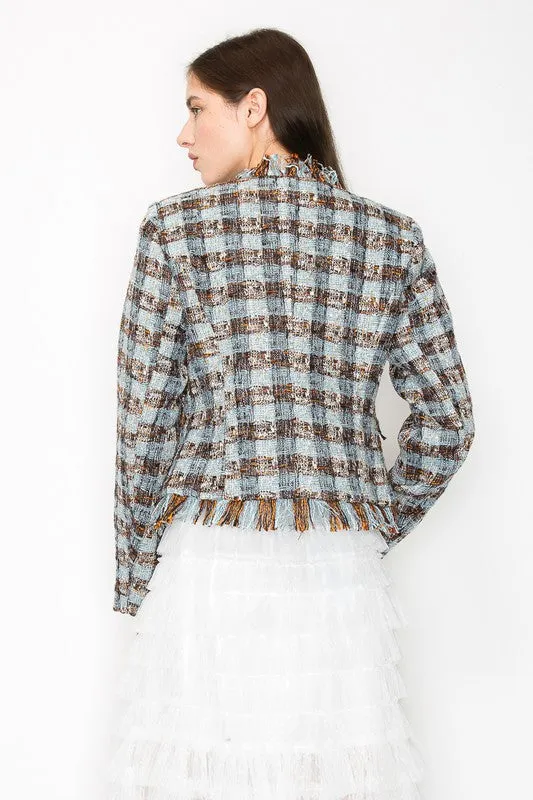 Fringed Plaid Check Tweed Jacket