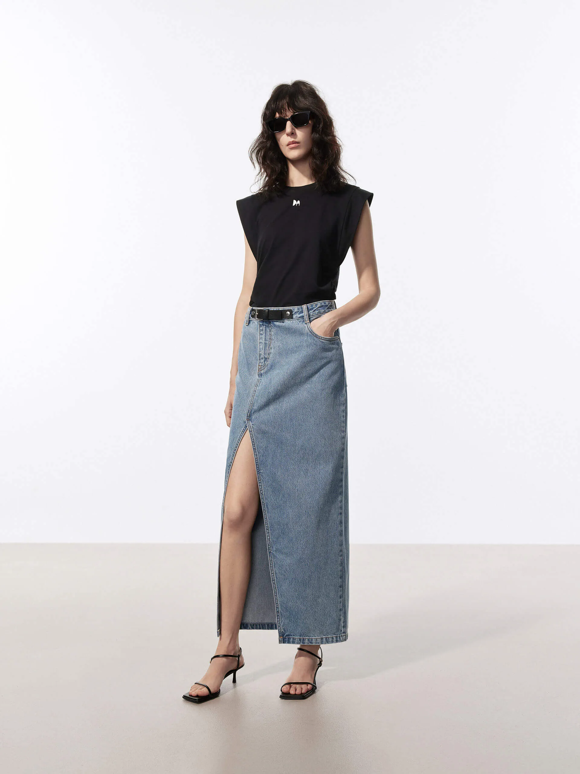 Front Buckle Denim Skirt