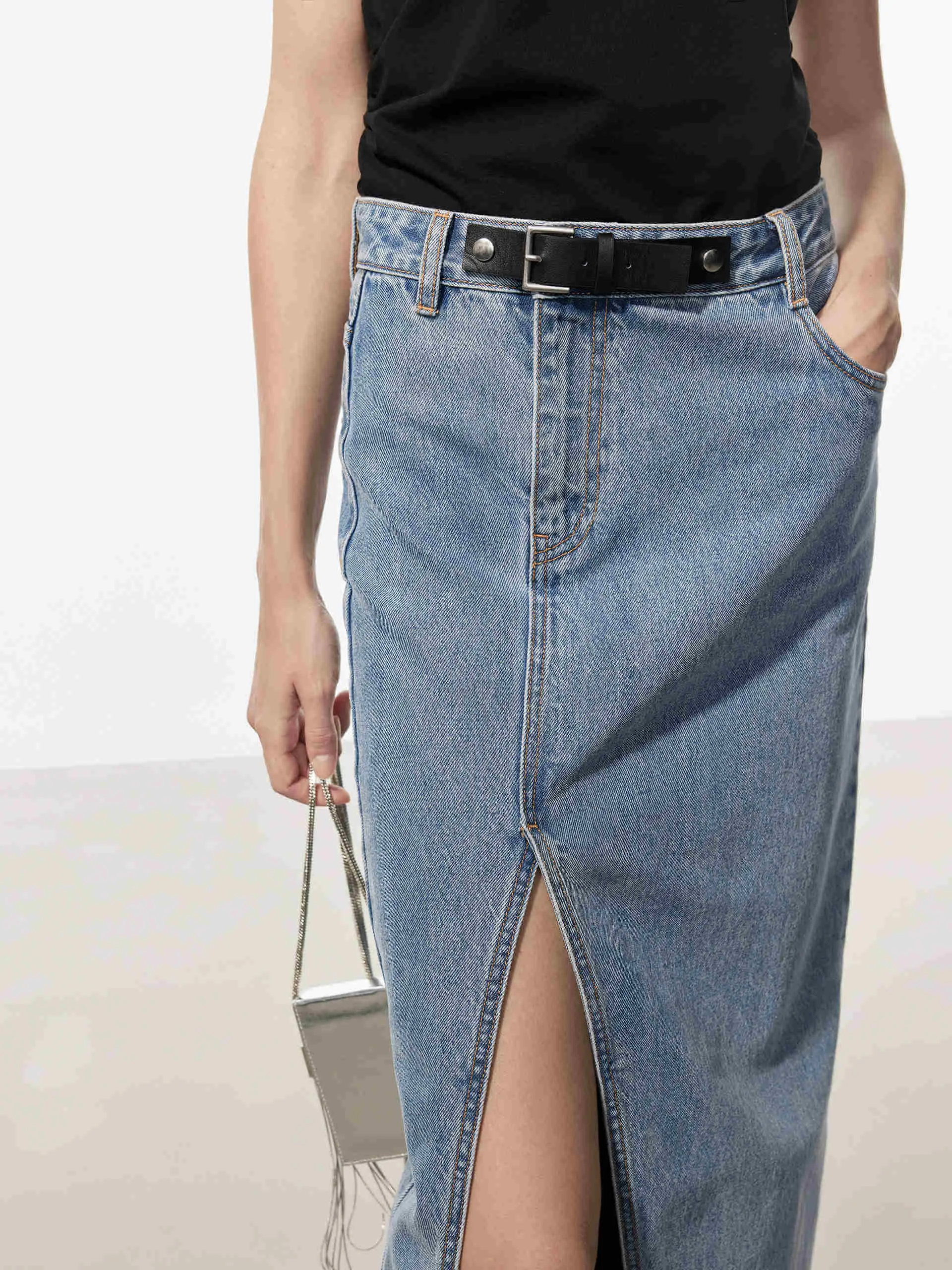 Front Buckle Denim Skirt