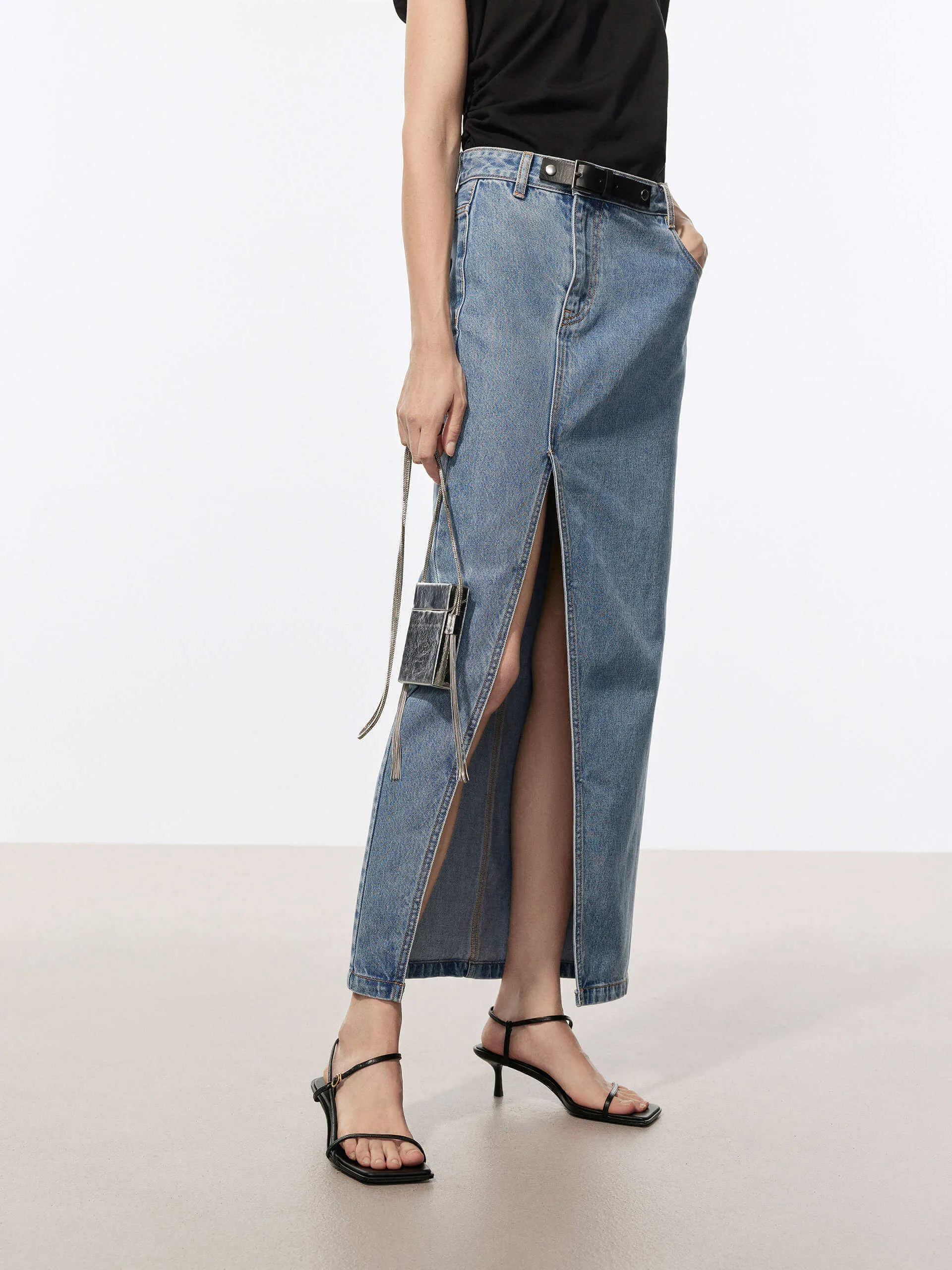 Front Buckle Denim Skirt