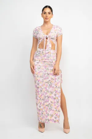 Front Knot Floral Top & Ruched Maxi Skirts Set