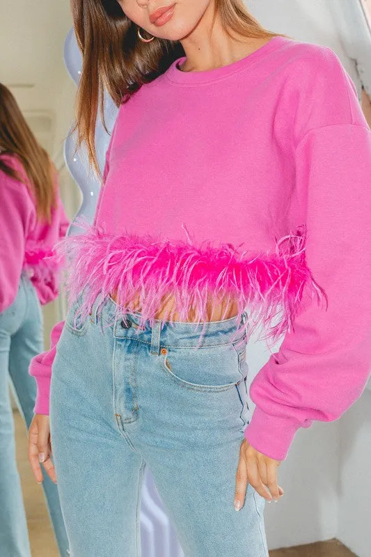 Fuchsia Sweatshirt With Feather Trim