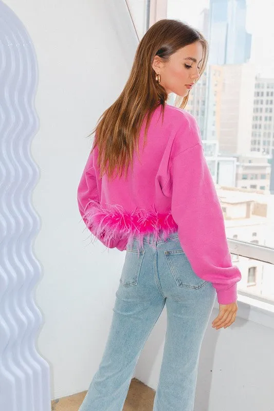 Fuchsia Sweatshirt With Feather Trim