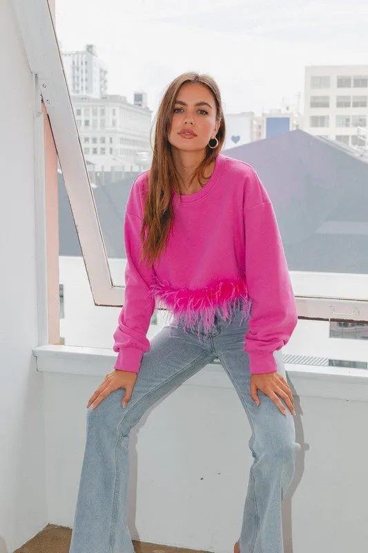 Fuchsia Sweatshirt With Feather Trim