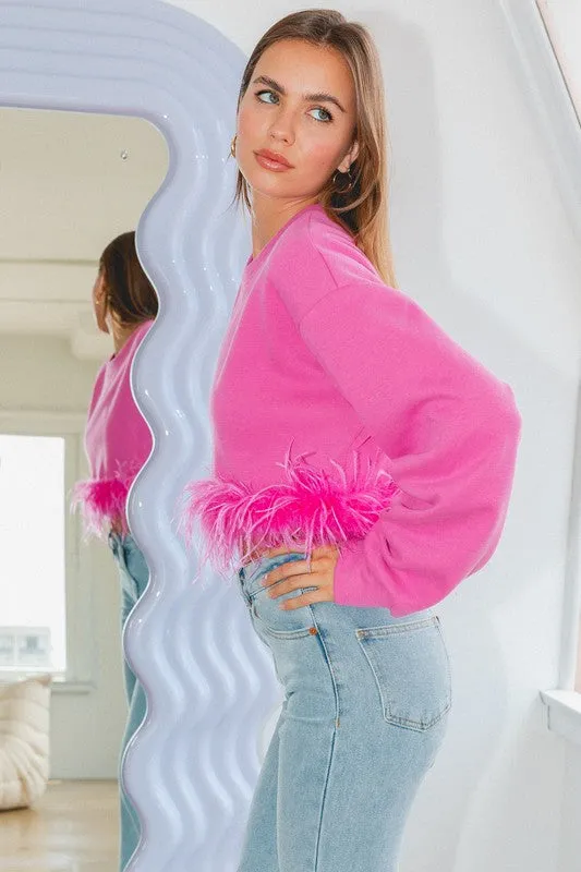 Fuchsia Sweatshirt With Feather Trim