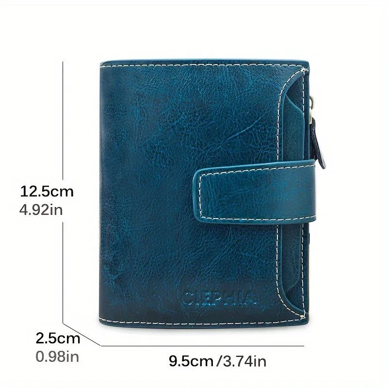 Genuine Leather Short Wallet, RFID Blocking Protection Card Holder, Multi Card Foldable Coin Purse With Buckle