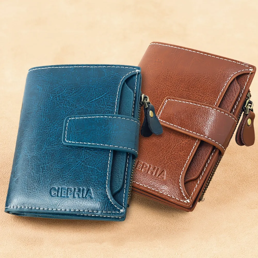 Genuine Leather Short Wallet, RFID Blocking Protection Card Holder, Multi Card Foldable Coin Purse With Buckle