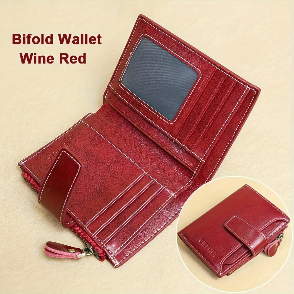 Genuine Leather Short Wallet, RFID Blocking Protection Card Holder, Multi Card Foldable Coin Purse With Buckle