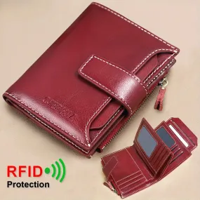 Genuine Leather Short Wallet, RFID Blocking Protection Card Holder, Multi Card Foldable Coin Purse With Buckle