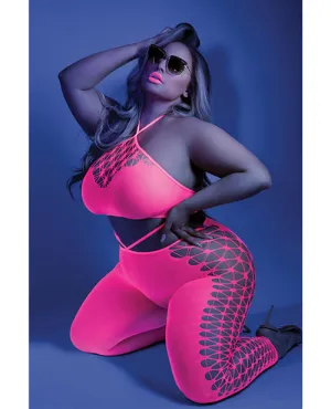 Glow Black Light Cropped Cutout Halter Bodystocking Neon Pink QN