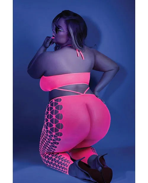 Glow Black Light Cropped Cutout Halter Bodystocking Neon Pink QN