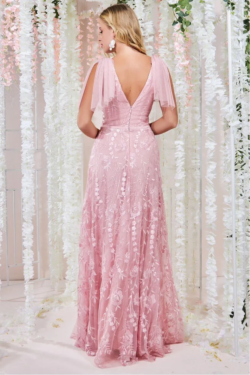 Goddiva Embroidered Lace Maxi Flutter Sleeves - Blush