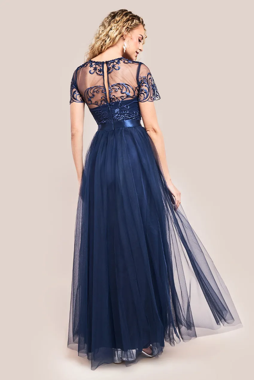 Goddiva Embroidered Mesh Maxi Dress - Navy