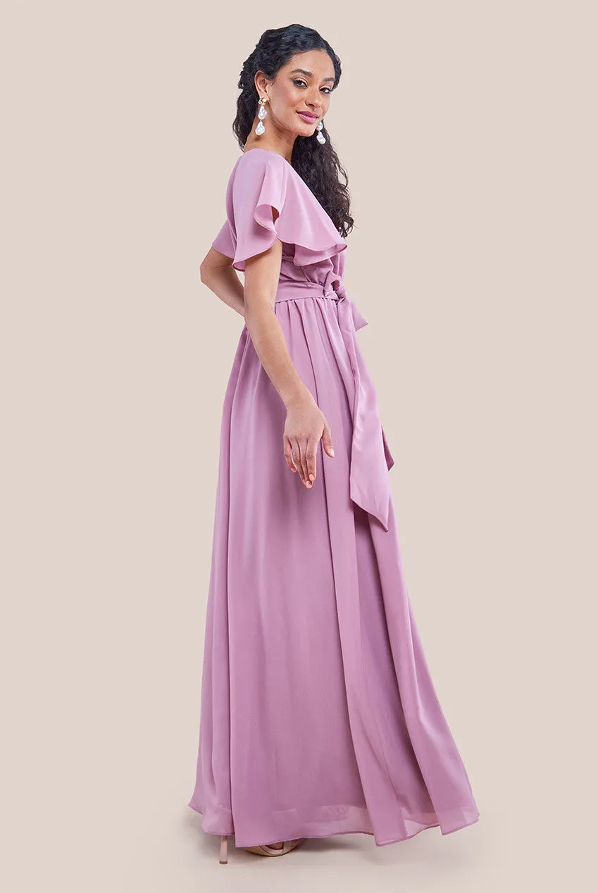 Goddiva Sustainable Chiffon Flutter Sleeve Wrap Maxi Dress - Lavender