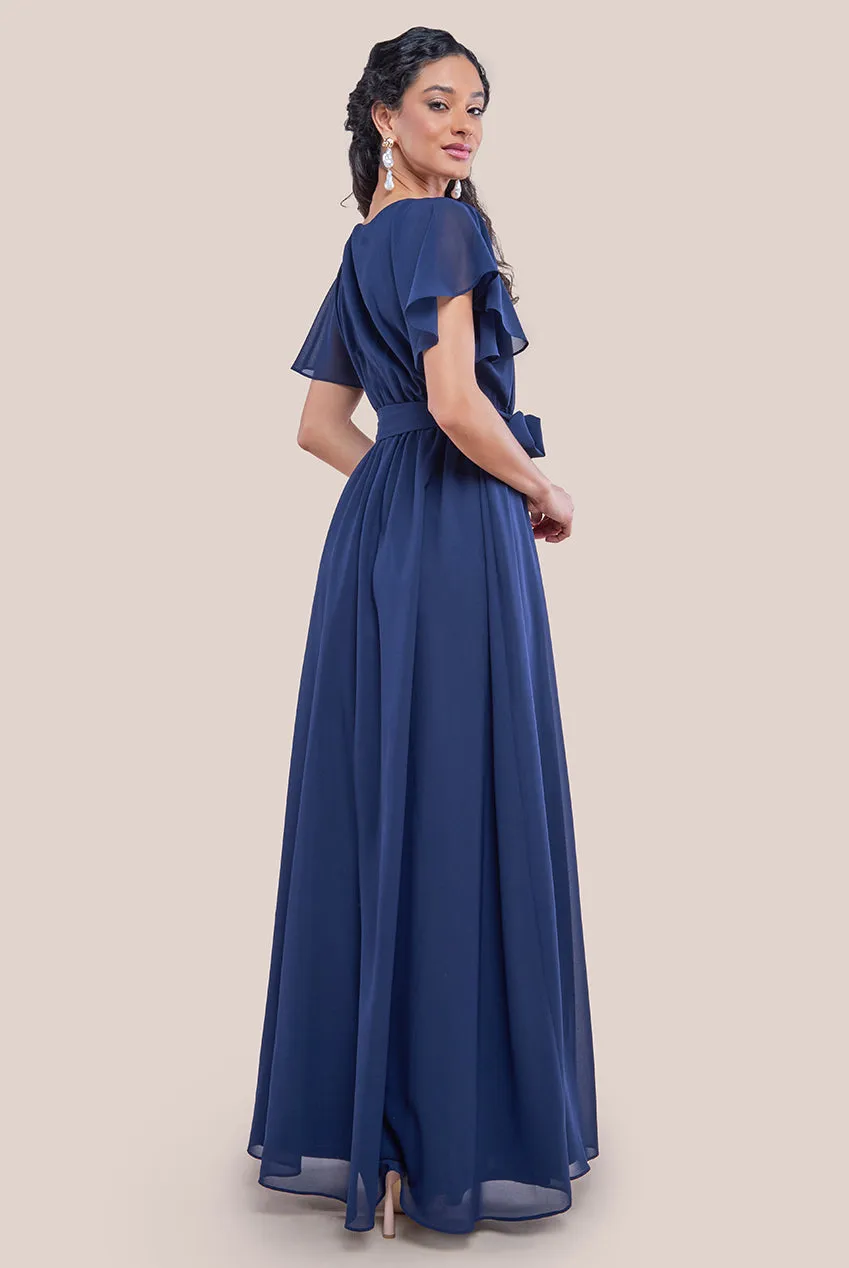 Goddiva Sustainable Chiffon Flutter Sleeve Wrap Maxi Dress - Navy