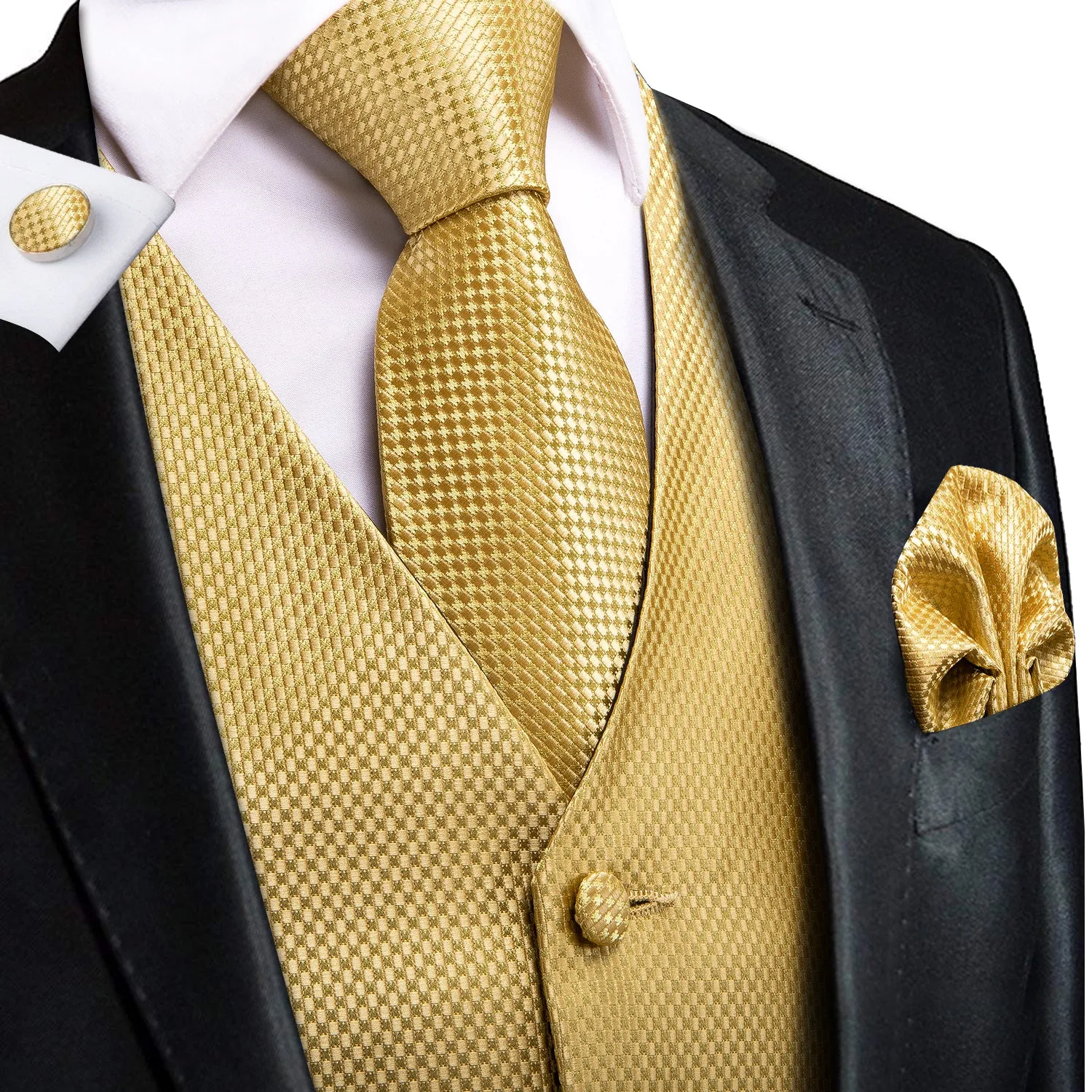 Golden Plaid Silk Men's Vest Hanky Cufflinks Tie Set Waistcoat Suit Set