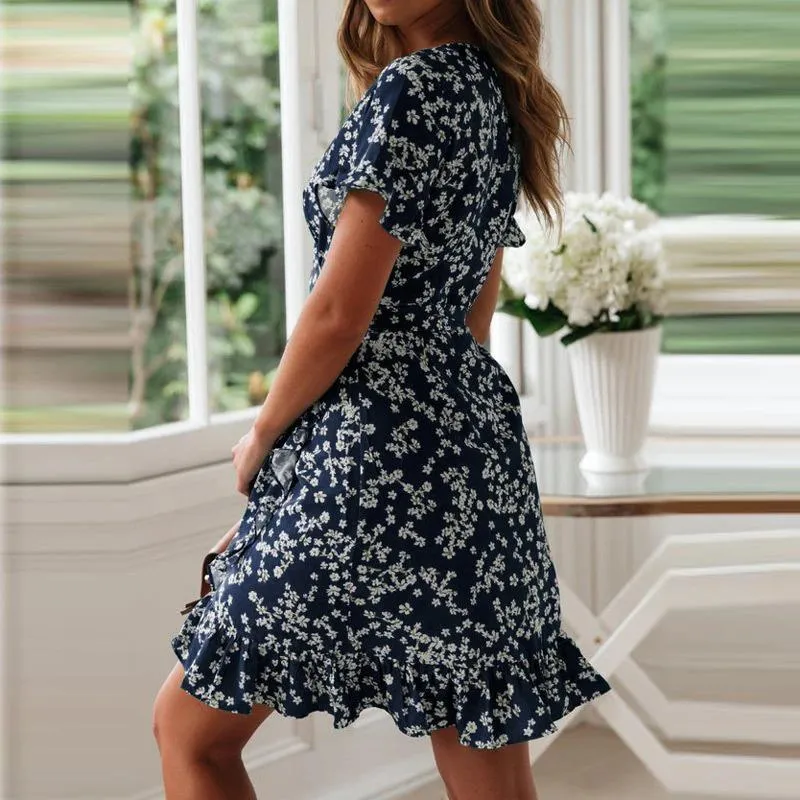 Gorgeous Floral Print V-Neck Wrap Wavy Dress