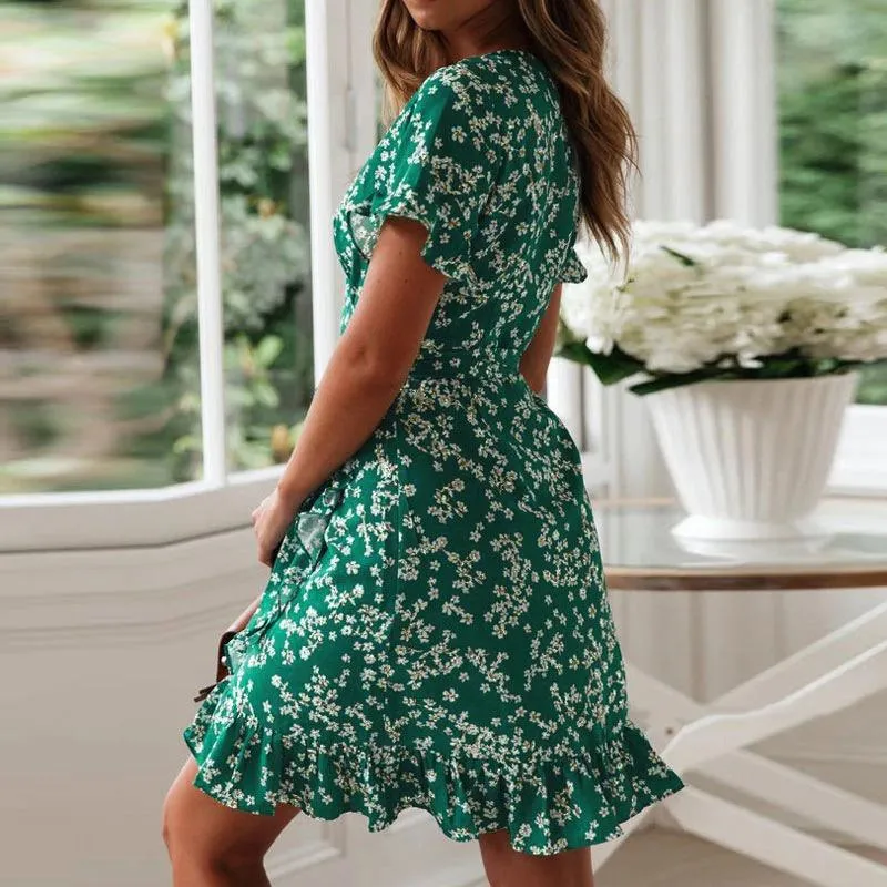 Gorgeous Floral Print V-Neck Wrap Wavy Dress