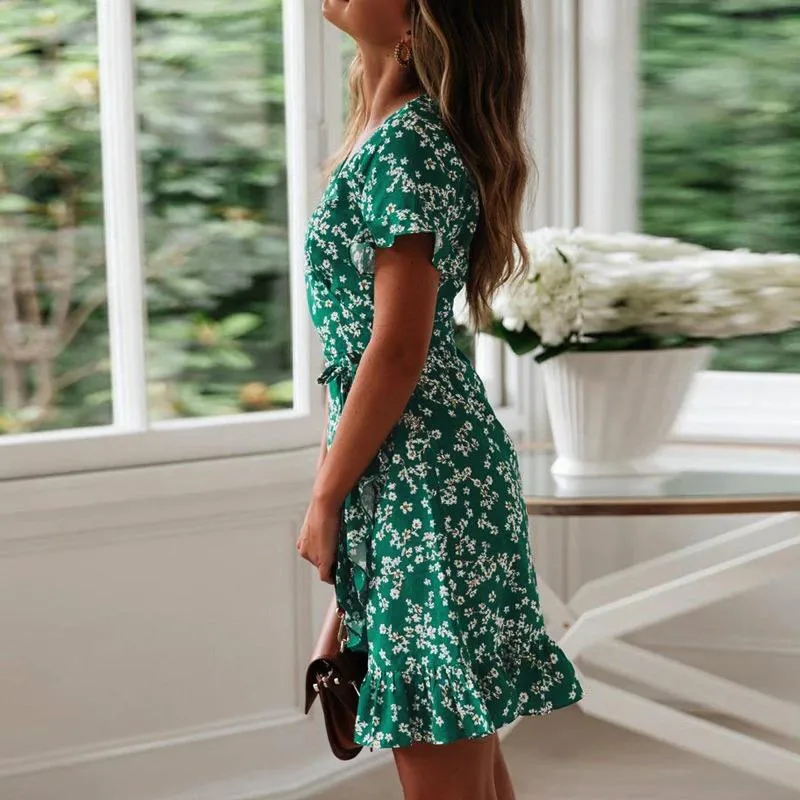 Gorgeous Floral Print V-Neck Wrap Wavy Dress