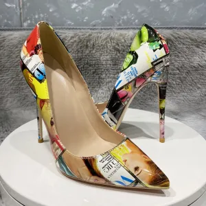 Graffiti Print Pointed Toe Patent High Heel Shoes