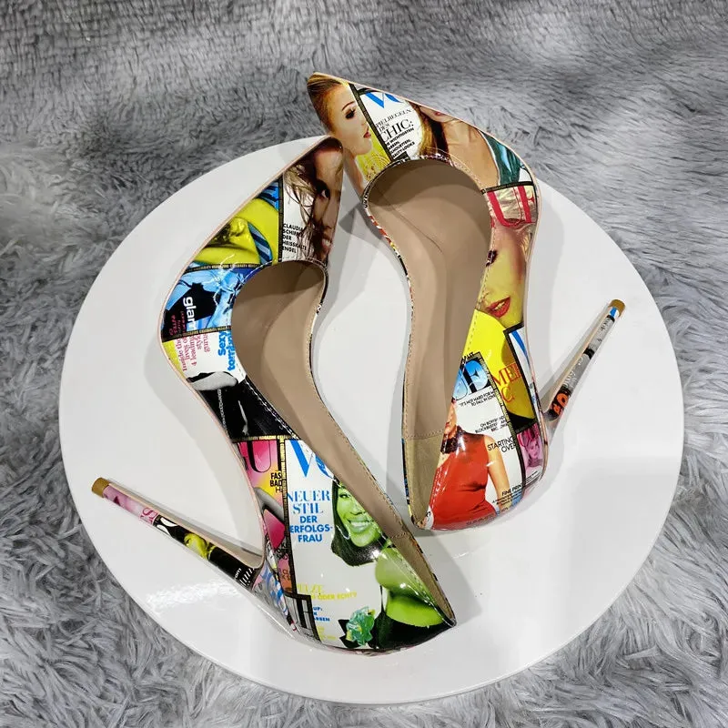 Graffiti Print Pointed Toe Patent High Heel Shoes