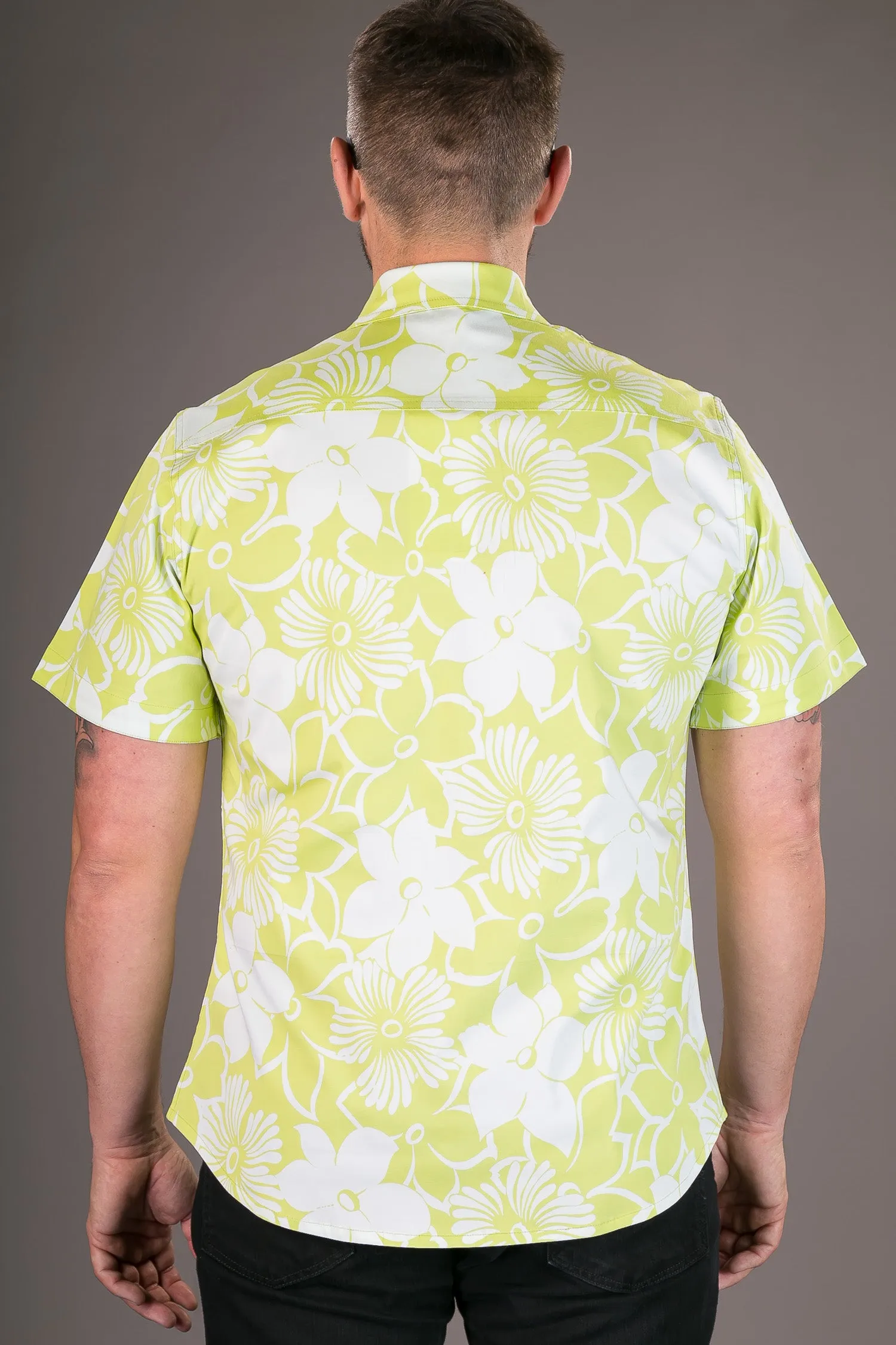 Green Aloha Floral Print Cotton Slim Fit Mens Shirt Short Sleeve