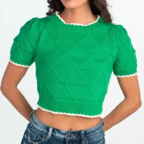 Green Contrast Stitch Cropped Sweater Top