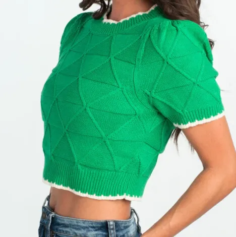 Green Contrast Stitch Cropped Sweater Top