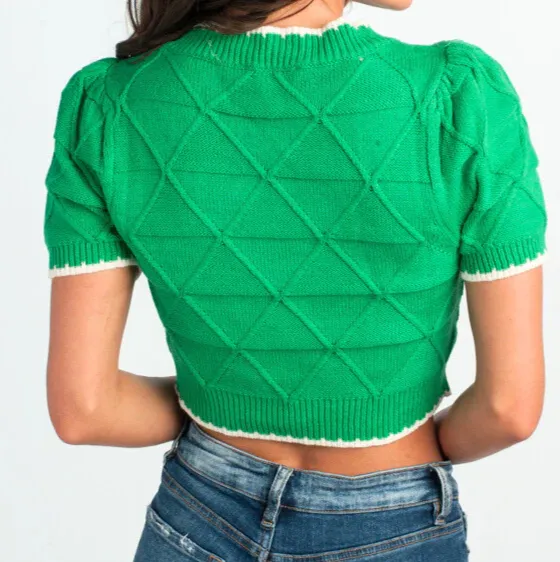 Green Contrast Stitch Cropped Sweater Top