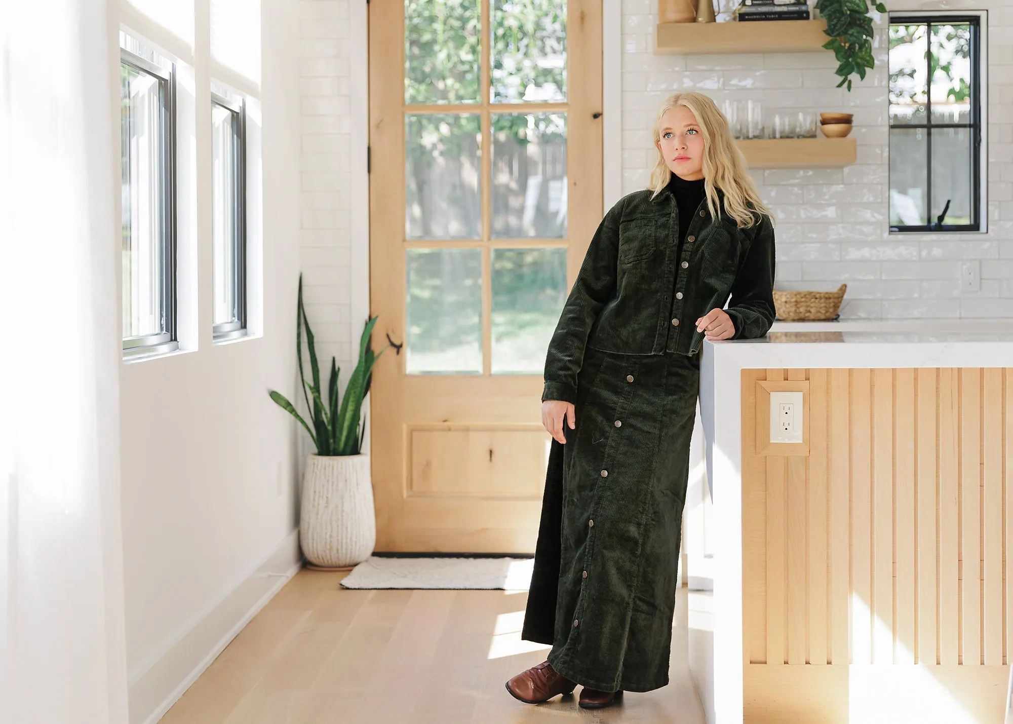 Green Corduroy Maxi Skirt With Button Front