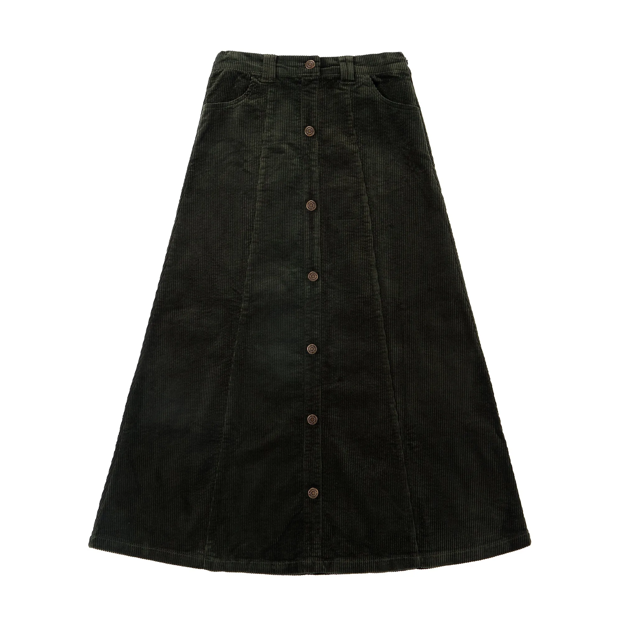 Green Corduroy Maxi Skirt With Button Front