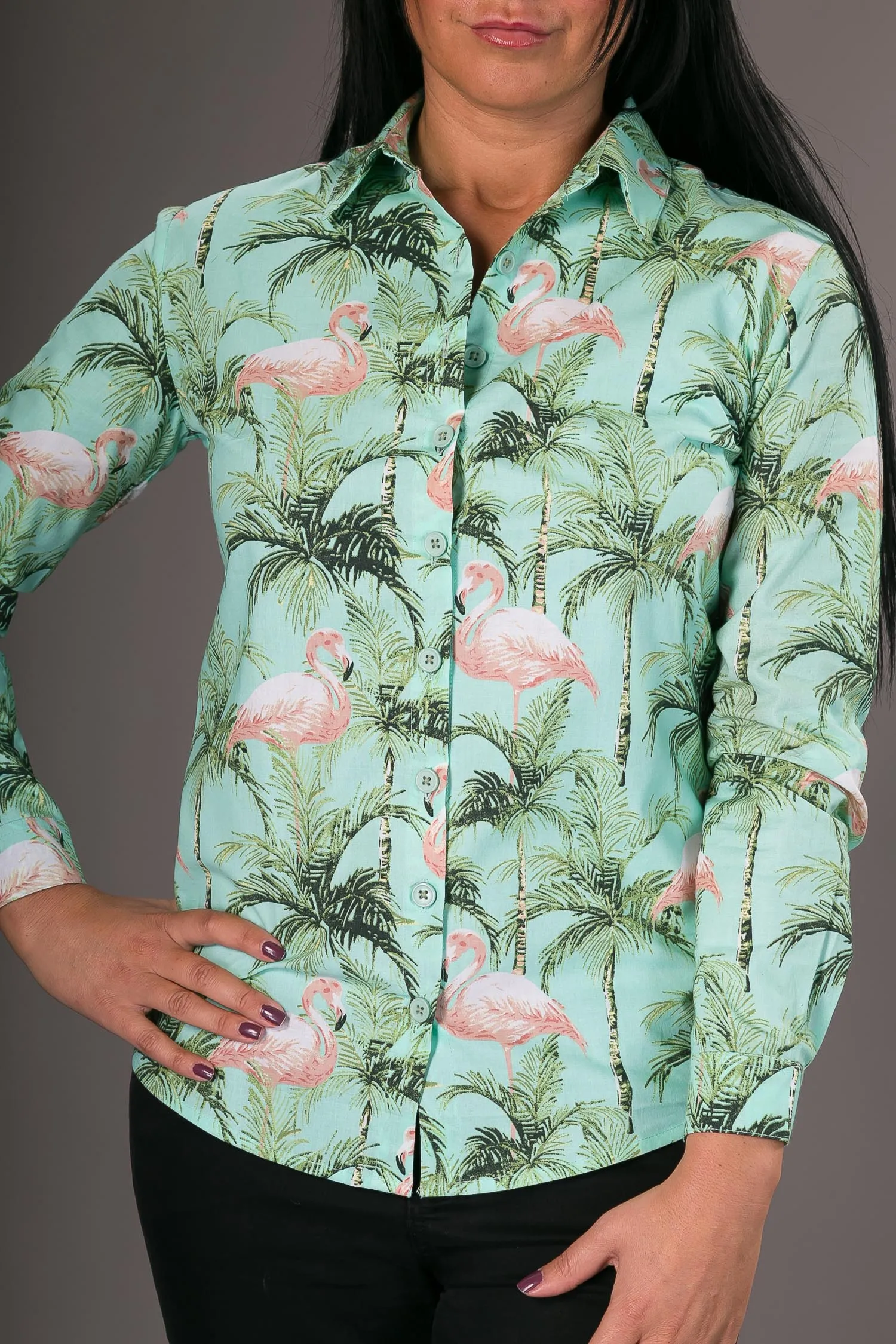 Green Flamingo Print Cotton Slim Fit Womens Shirt Long Sleeve