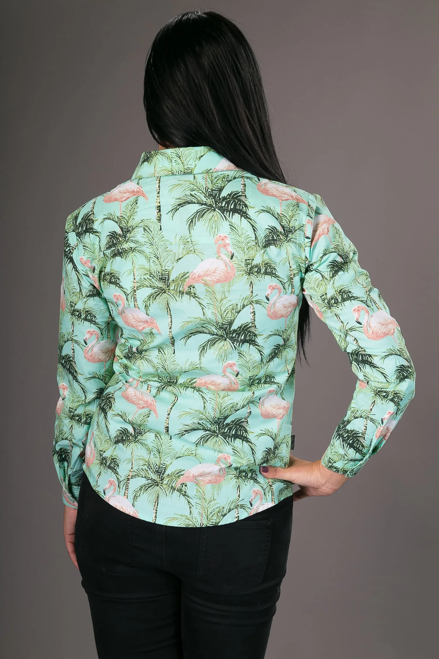 Green Flamingo Print Cotton Slim Fit Womens Shirt Long Sleeve