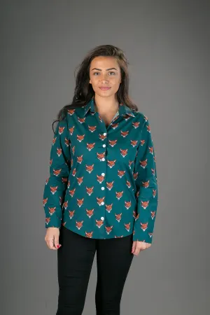 Green Fox Print Cotton Slim Fit Womens Shirt Long Sleeve