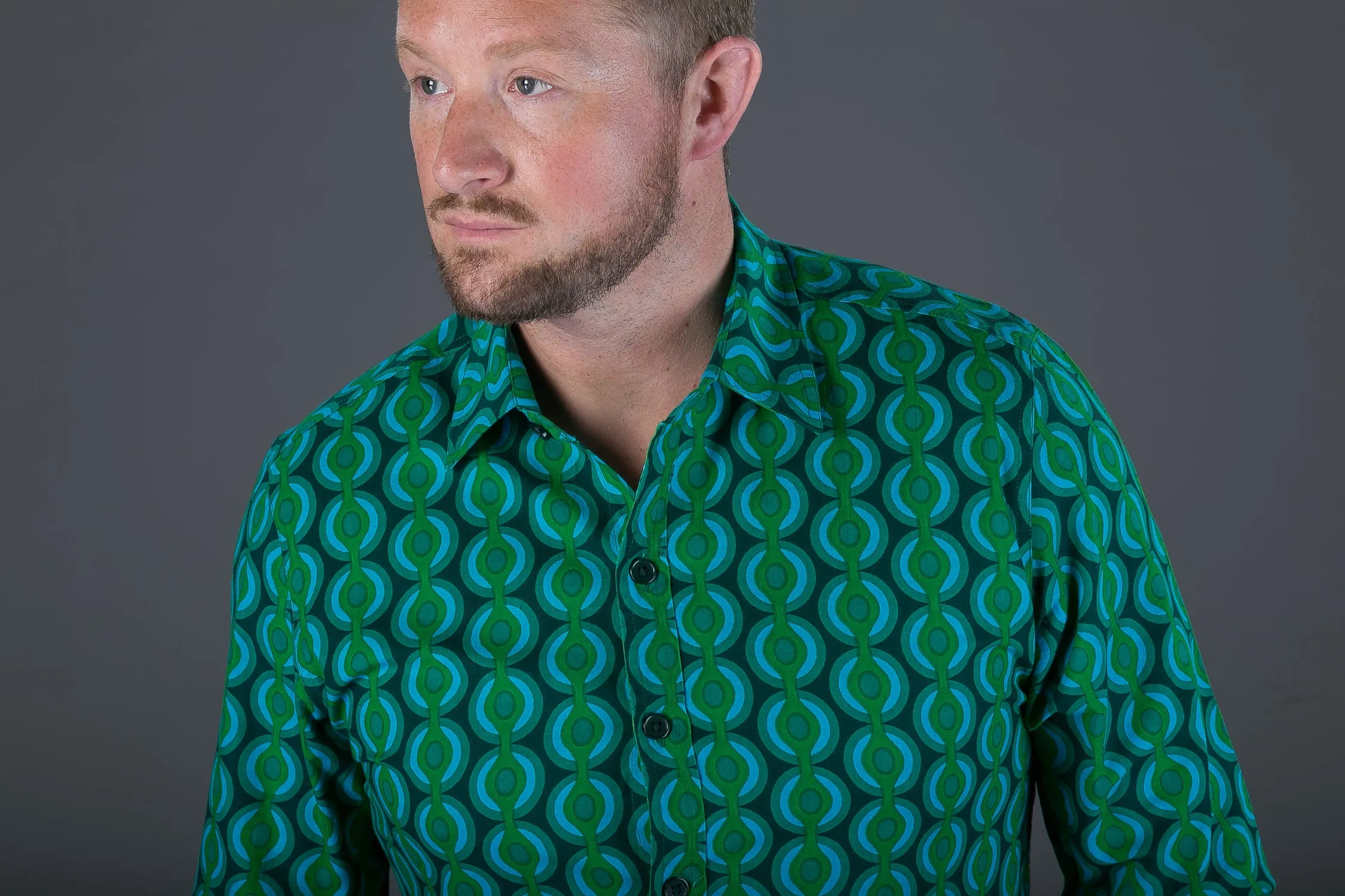 Green Geometric Print Cotton Slim and Regular Fit Mens Shirt Long Sleeve