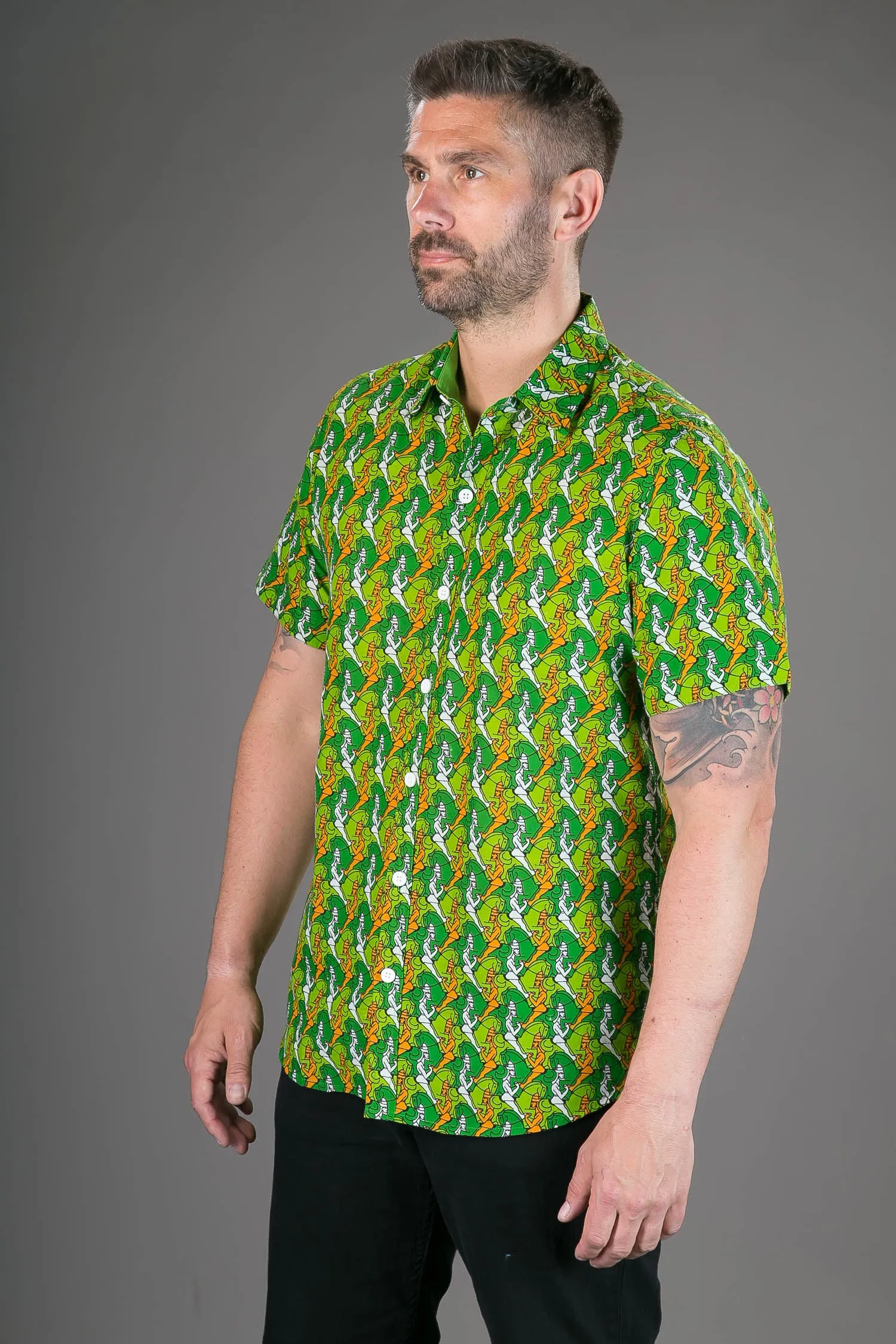 Green Horse Warrior Print Cotton Slim Fit Mens Shirt Short Sleeve