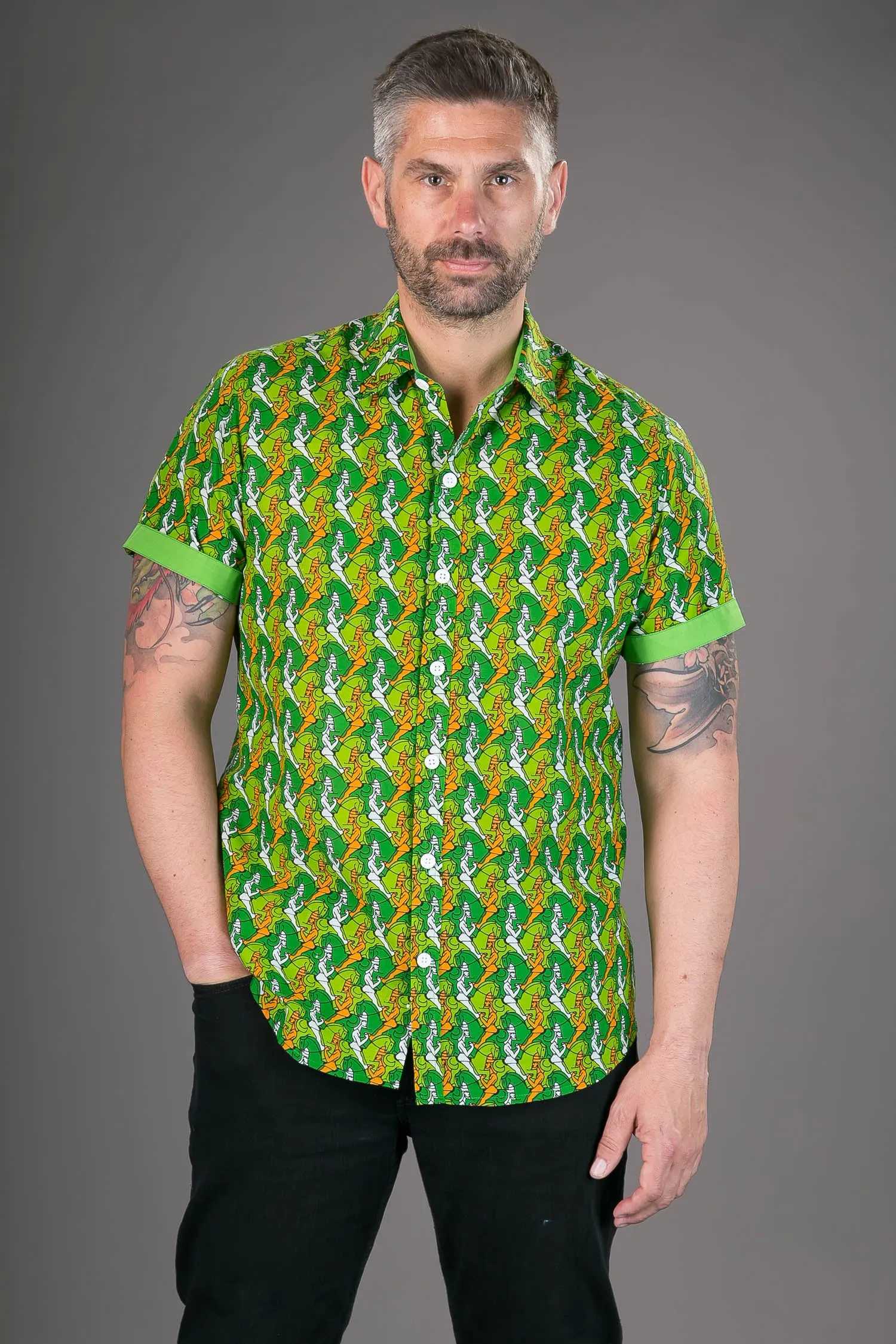 Green Horse Warrior Print Cotton Slim Fit Mens Shirt Short Sleeve